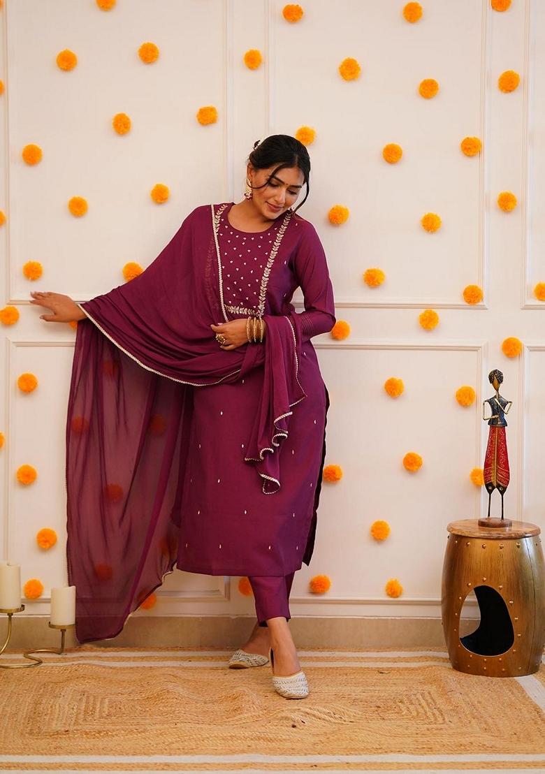 Maroon Embroidered Rayon Salwar Kameez With Dupatta - Indya