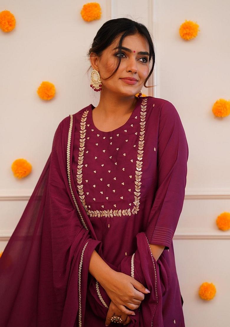 Maroon Embroidered Rayon Salwar Kameez With Dupatta - Indya