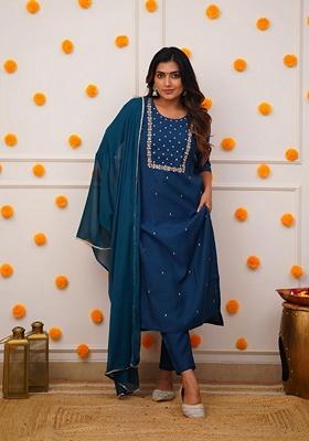 Blue Embroidered Rayon Salwar Kameez With Dupatta