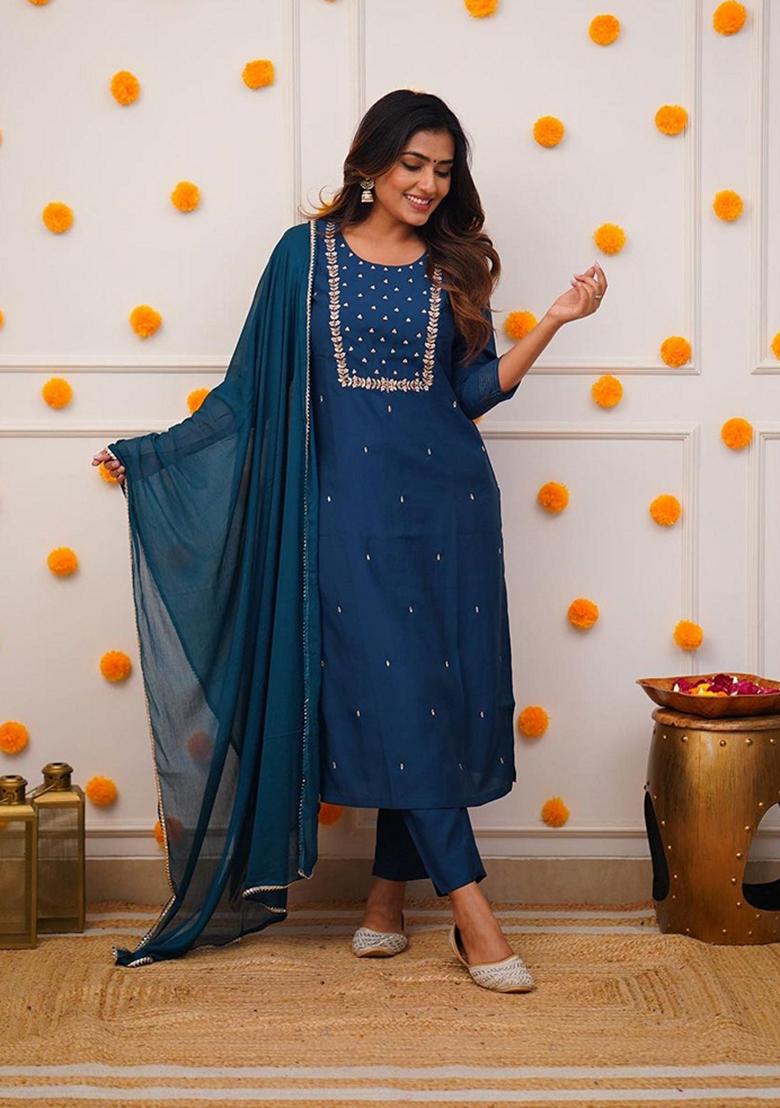 Blue Embroidered Rayon Salwar Kameez With Dupatta - Indya