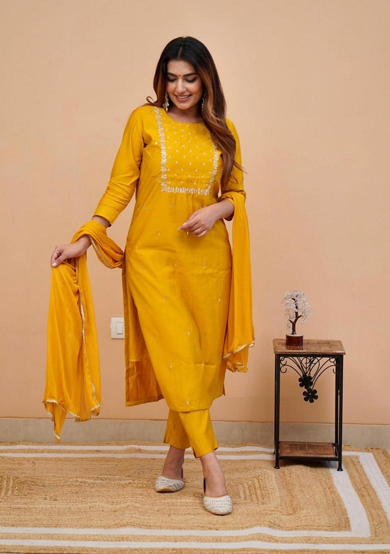 Red Embroidered Rayon Salwar Kameez With Dupatta - Indya