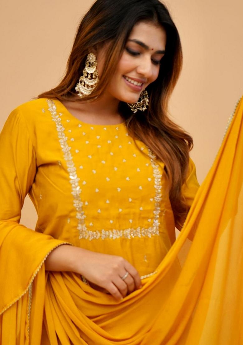 Red Embroidered Rayon Salwar Kameez With Dupatta - Indya