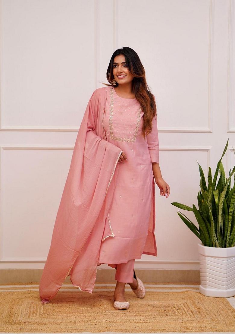 Pink Embroidered Rayon Salwar Kameez With Dupatta - Indya