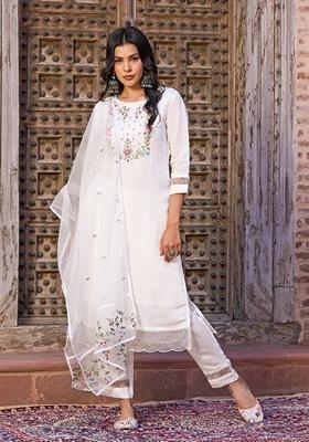 White Embroidered Chanderi Salwar Kameez With Dupatta