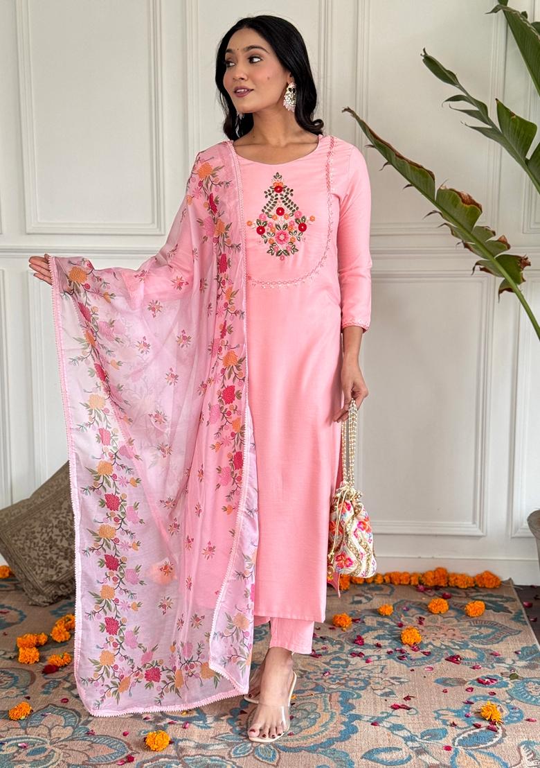 Pink Embroidered Rayon Salwar Kameez With Dupatta - Indya