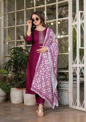 Wine Embroidered Rayon Salwar Kameez With Dupatta