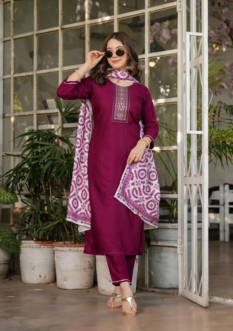 Wine Embroidered Rayon Salwar Kameez With Dupatta - Indya