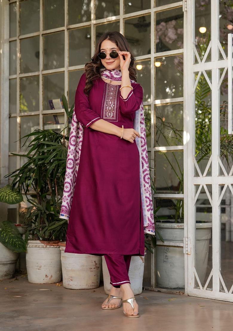 Wine Embroidered Rayon Salwar Kameez With Dupatta - Indya