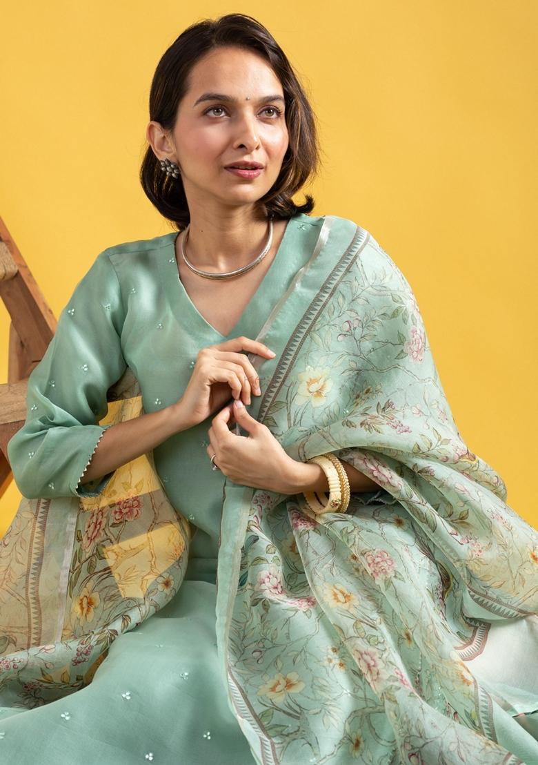 Green Embroidered Chanderi Salwar Kameez With Dupatta - Indya