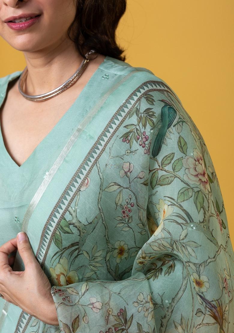 Green Embroidered Chanderi Salwar Kameez With Dupatta - Indya