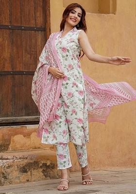 Pink Embroidered Cotton Salwar Kameez With Dupatta