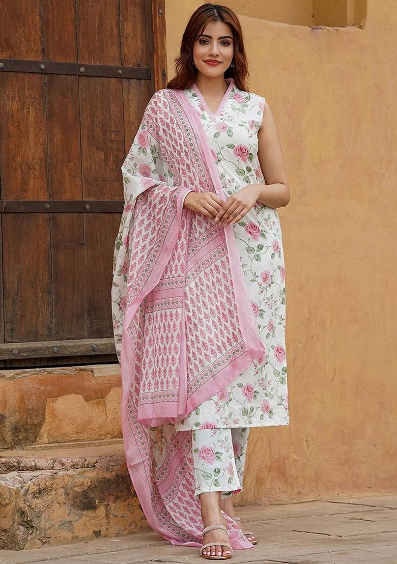 Pink Embroidered Cotton Salwar Kameez With Dupatta - Indya