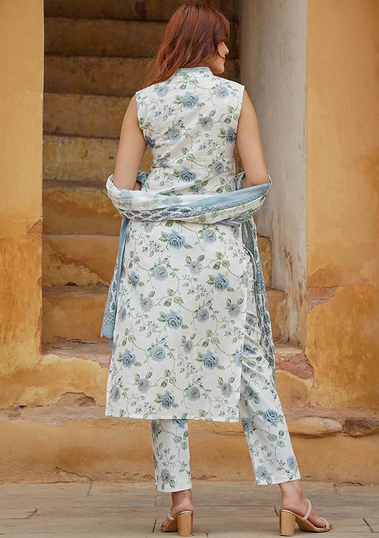 Blue Embroidered Cotton Salwar Kameez With Dupatta - Indya