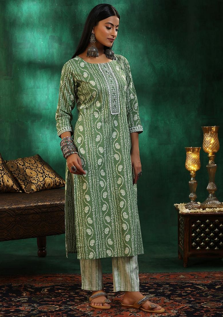 Green Printed Blended Salwar Kameez With Dupatta - Indya