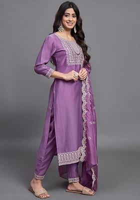Purple Embroidered Viscose Salwar Kameez With Dupatta