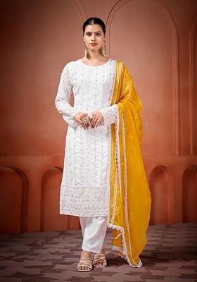 White Embroidered Georgette Salwar Kameez With Dupatta