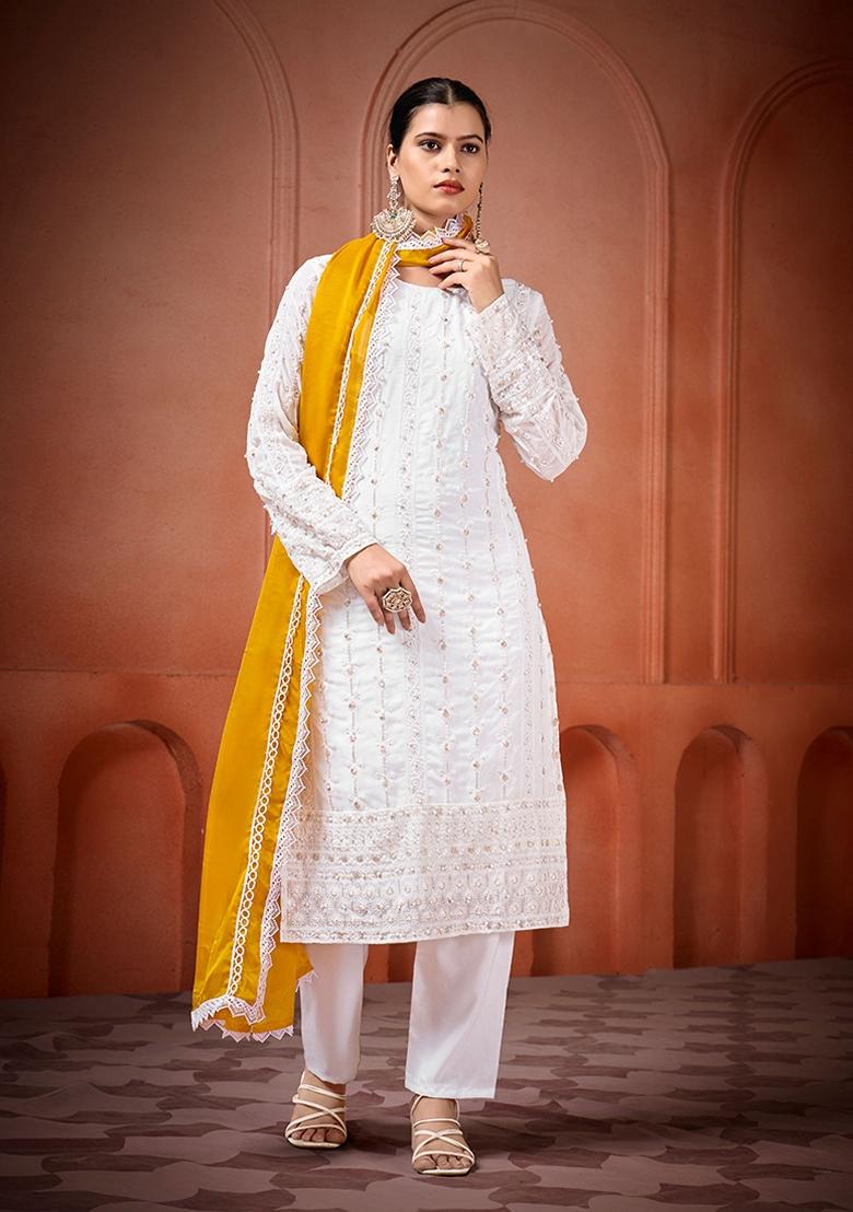White Embroidered Georgette Salwar Kameez With Dupatta - Indya