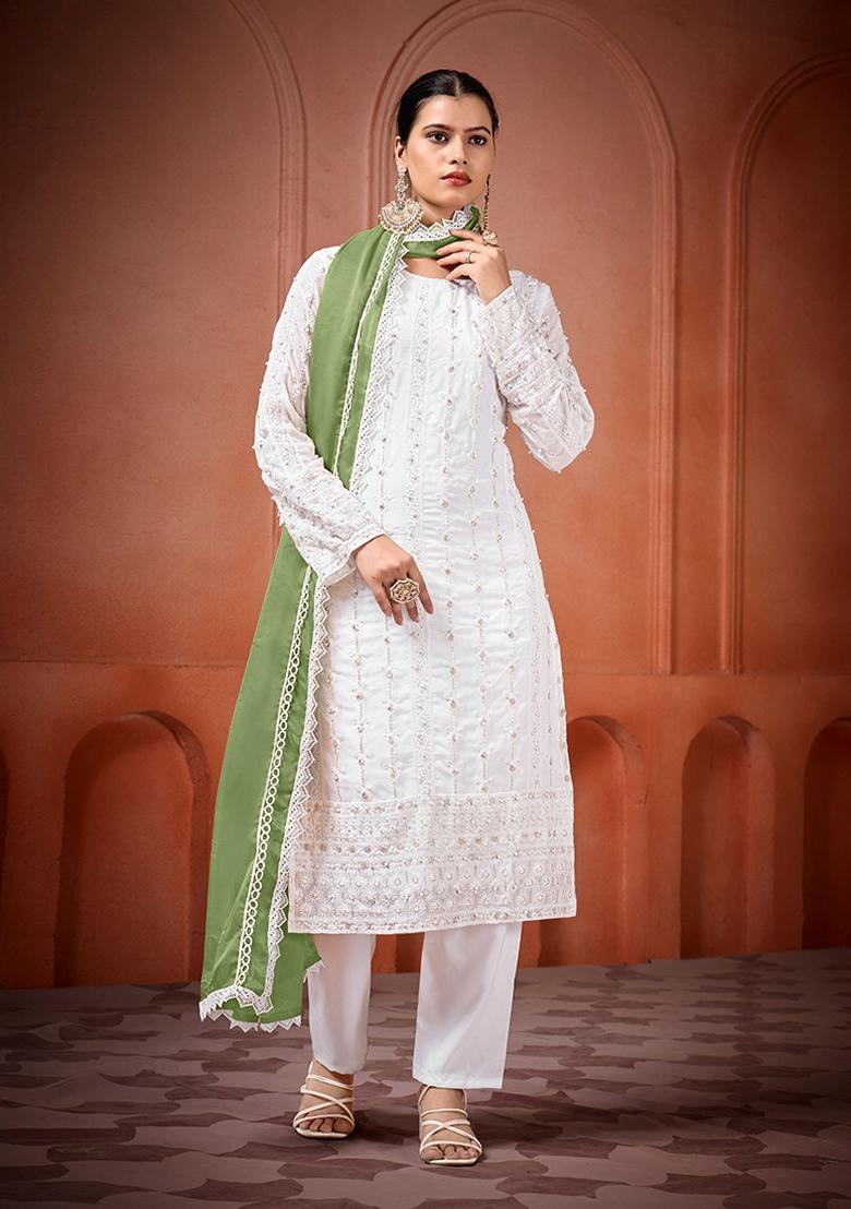 Green Embroidered Georgette Salwar Kameez With Dupatta - Indya