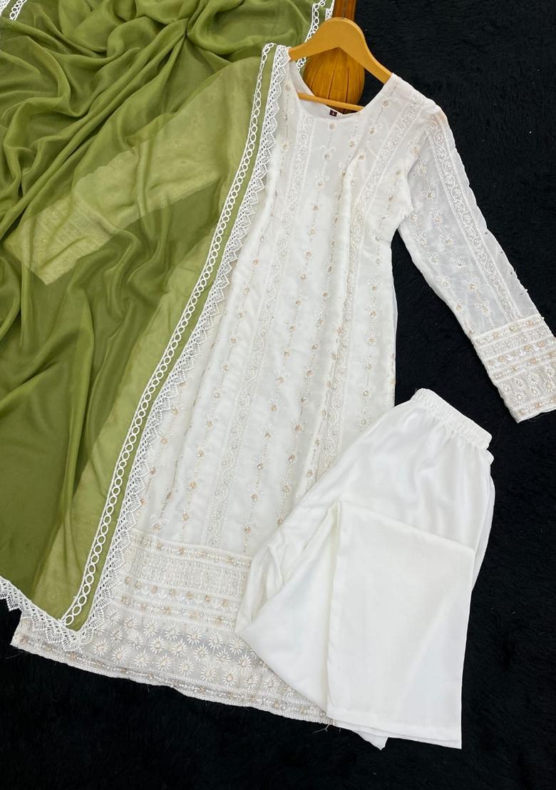 Green Embroidered Georgette Salwar Kameez With Dupatta - Indya