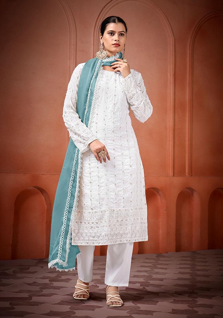 Blue Embroidered Georgette Salwar Kameez With Dupatta - Indya