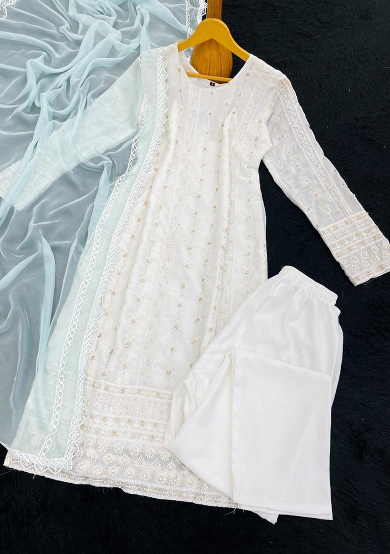 Blue Embroidered Georgette Salwar Kameez With Dupatta - Indya