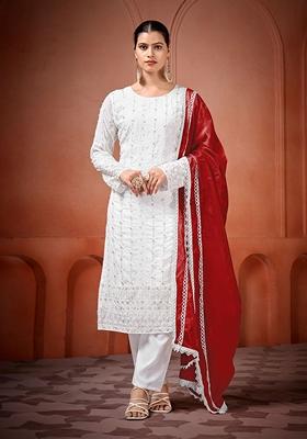 White Embroidered Georgette Salwar Kameez With Dupatta