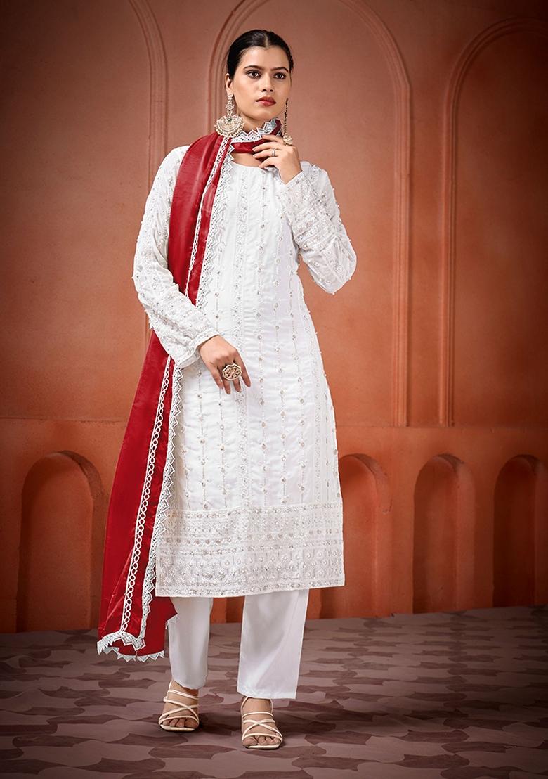 White Embroidered Georgette Salwar Kameez With Dupatta - Indya