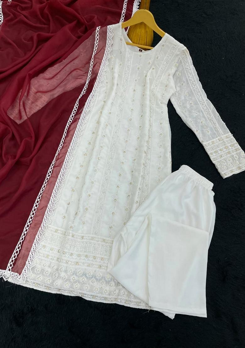 White Embroidered Georgette Salwar Kameez With Dupatta - Indya