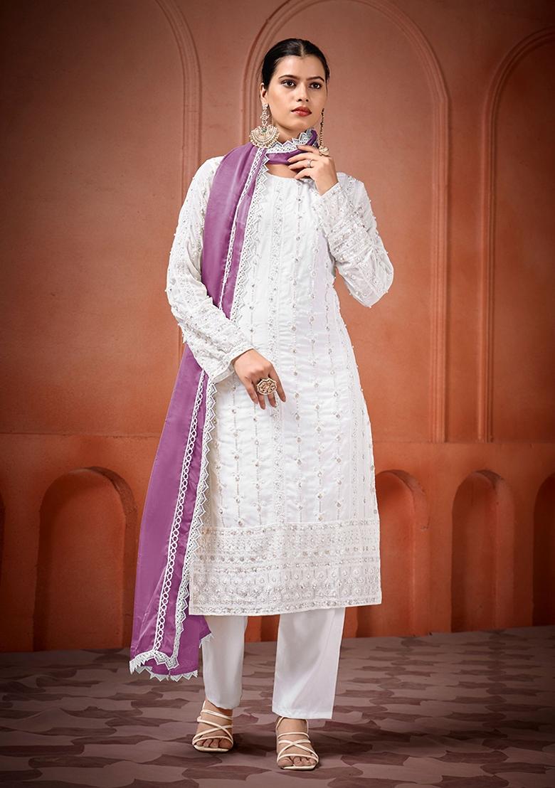 White Embroidered Georgette Salwar Kameez With Dupatta - Indya