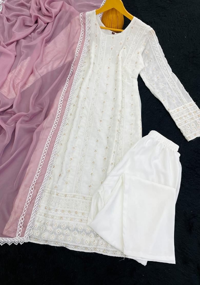 White Embroidered Georgette Salwar Kameez With Dupatta - Indya