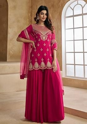 Pink Embroidered Georgette Sharara Set With Dupatta