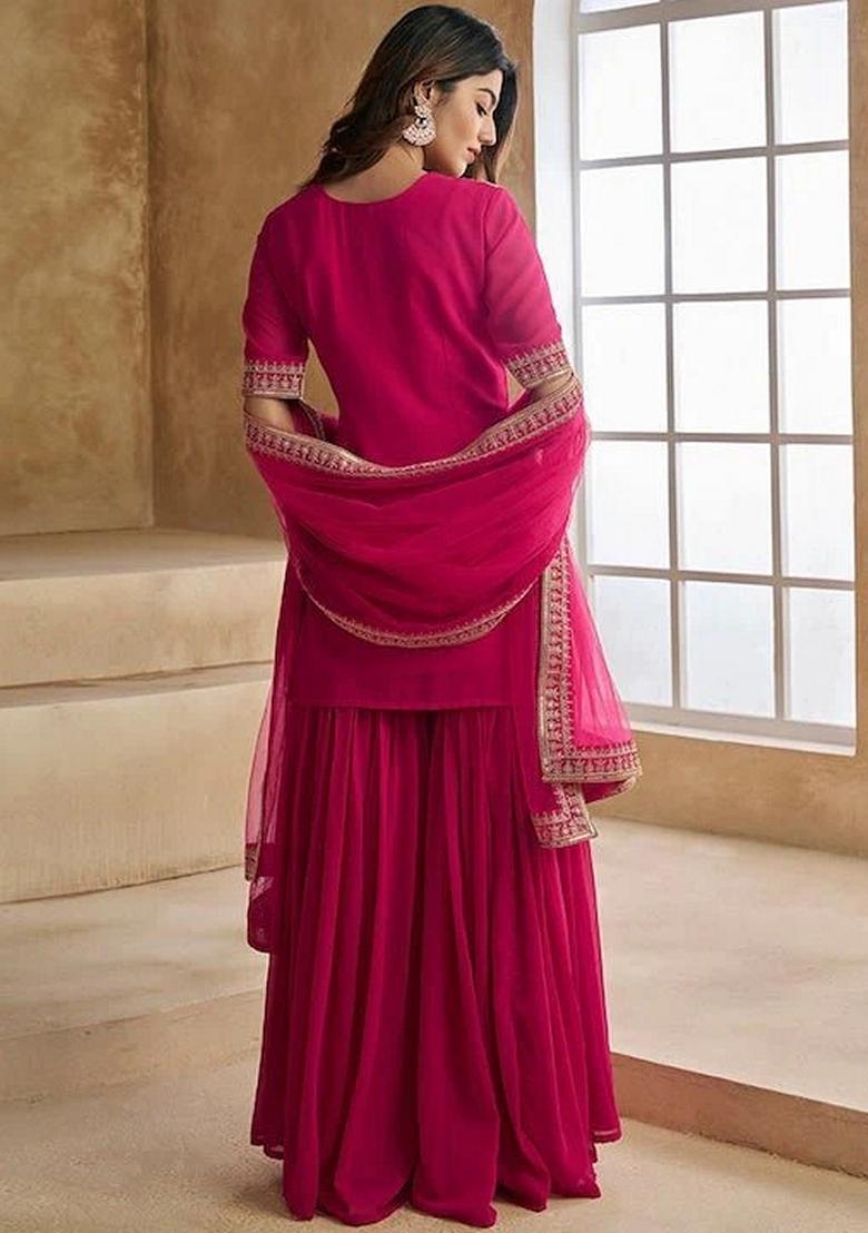 Pink Embroidered Georgette Sharara Set With Dupatta - Indya