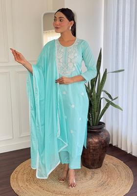 Blue Embroidered Cotton Salwar Kameez With Dupatta