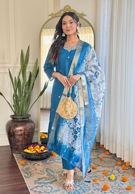Blue Embroidered Silk Salwar Kameez With Dupatta