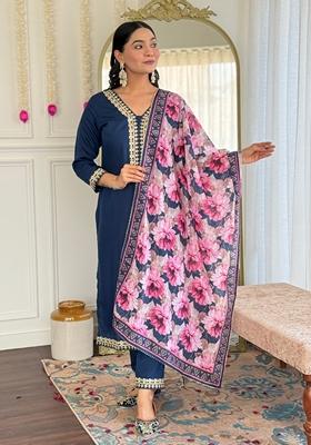 Blue Embroidered Viscose Salwar Kameez With Dupatta