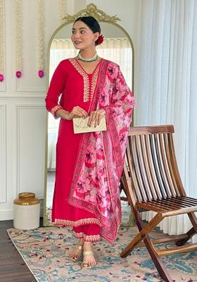 Pink Embroidered Viscose Salwar Kameez With Dupatta