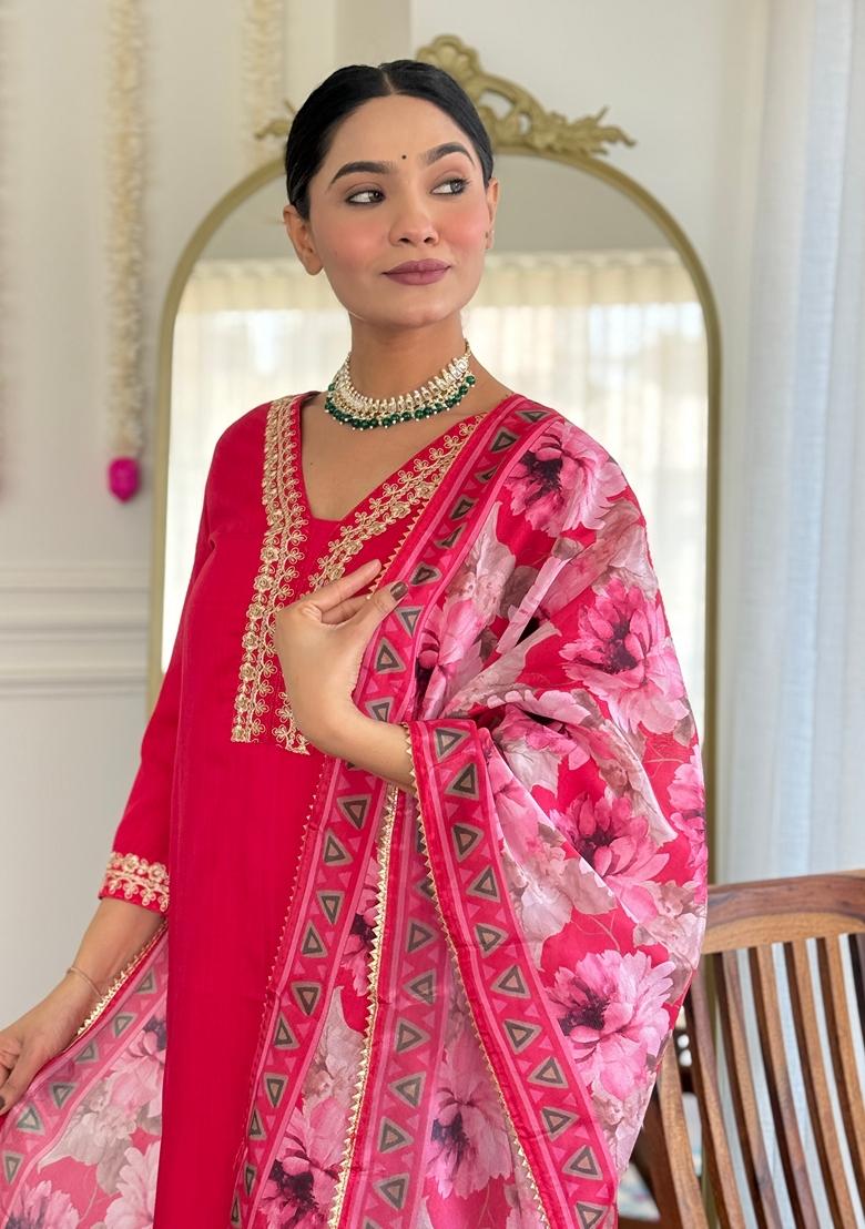 Pink Embroidered Viscose Salwar Kameez With Dupatta - Indya