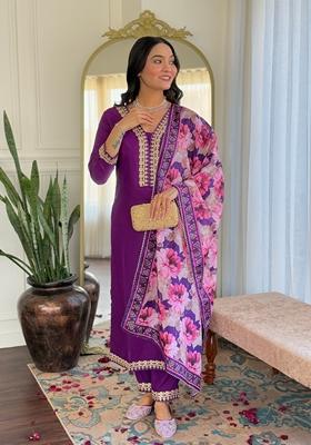 Purple Embroidered Viscose Salwar Kameez With Dupatta