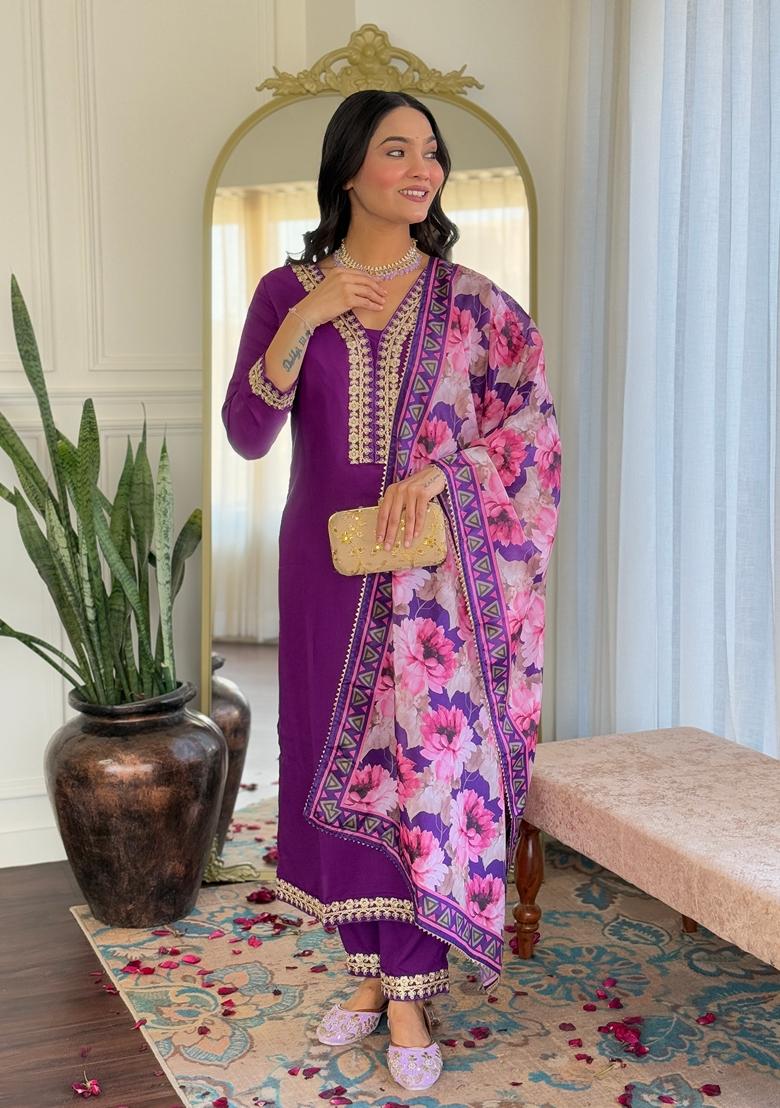 Purple Embroidered Viscose Salwar Kameez With Dupatta - Indya