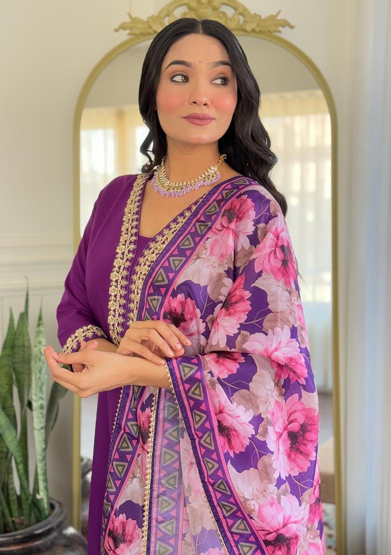 Purple Embroidered Viscose Salwar Kameez With Dupatta - Indya