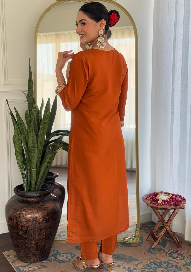 Orange Embroidered Rayon Salwar Kameez With Dupatta - Indya
