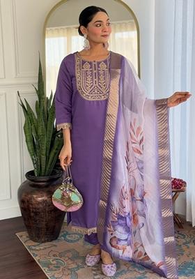 Purple Embroidered Rayon Salwar Kameez With Dupatta