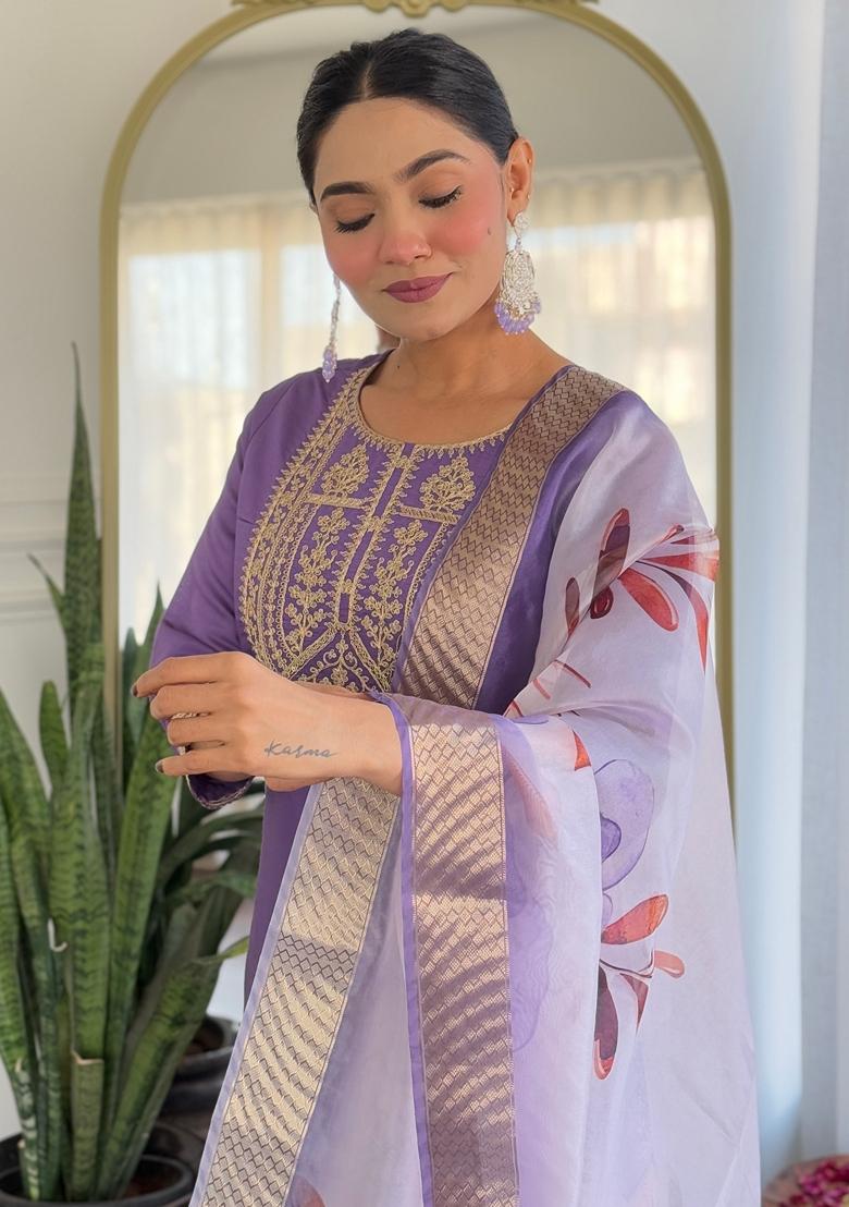 Purple Embroidered Rayon Salwar Kameez With Dupatta - Indya