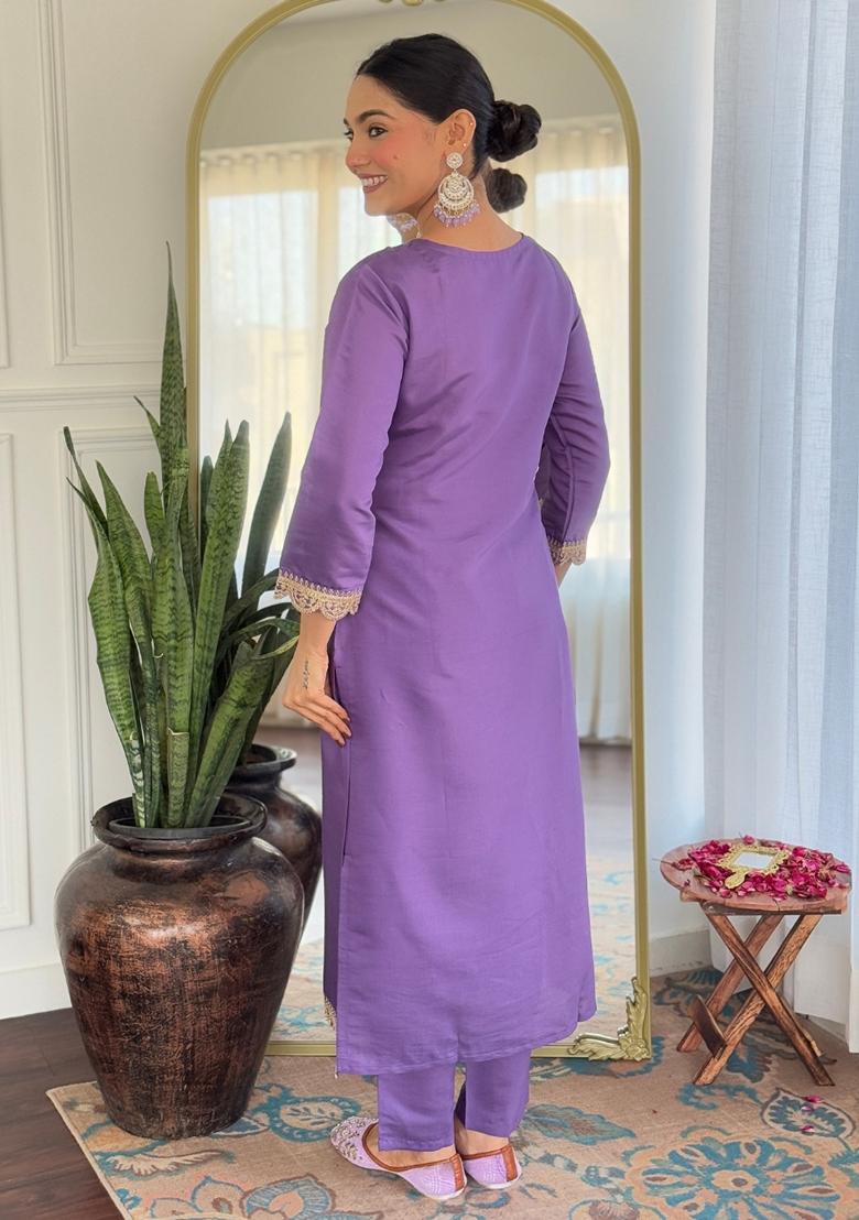 Purple Embroidered Rayon Salwar Kameez With Dupatta - Indya