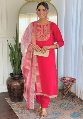 Pink Embroidered Rayon Salwar Kameez With Dupatta