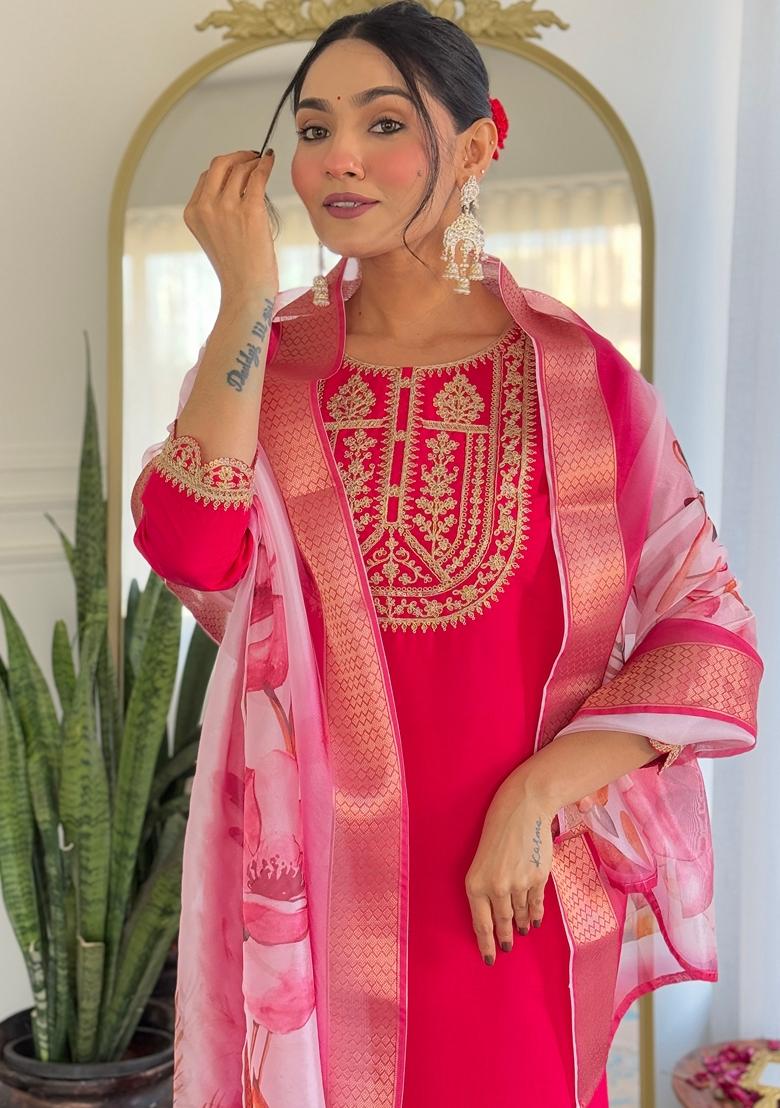 Pink Embroidered Rayon Salwar Kameez With Dupatta - Indya