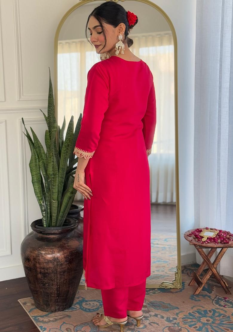 Pink Embroidered Rayon Salwar Kameez With Dupatta - Indya