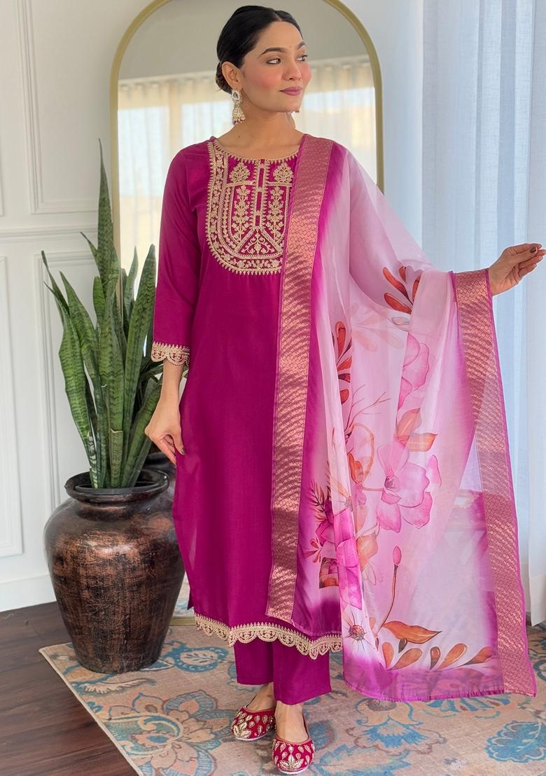 Purple Embroidered Rayon Salwar Kameez With Dupatta - Indya
