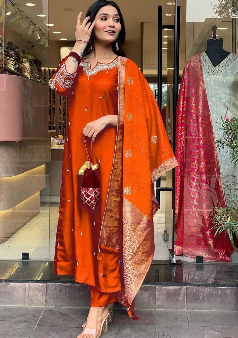 Orange Embroidered Silk Salwar Kameez With Dupatta - Indya