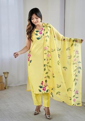 Yellow Embroidered Viscose Salwar Kameez With Dupatta